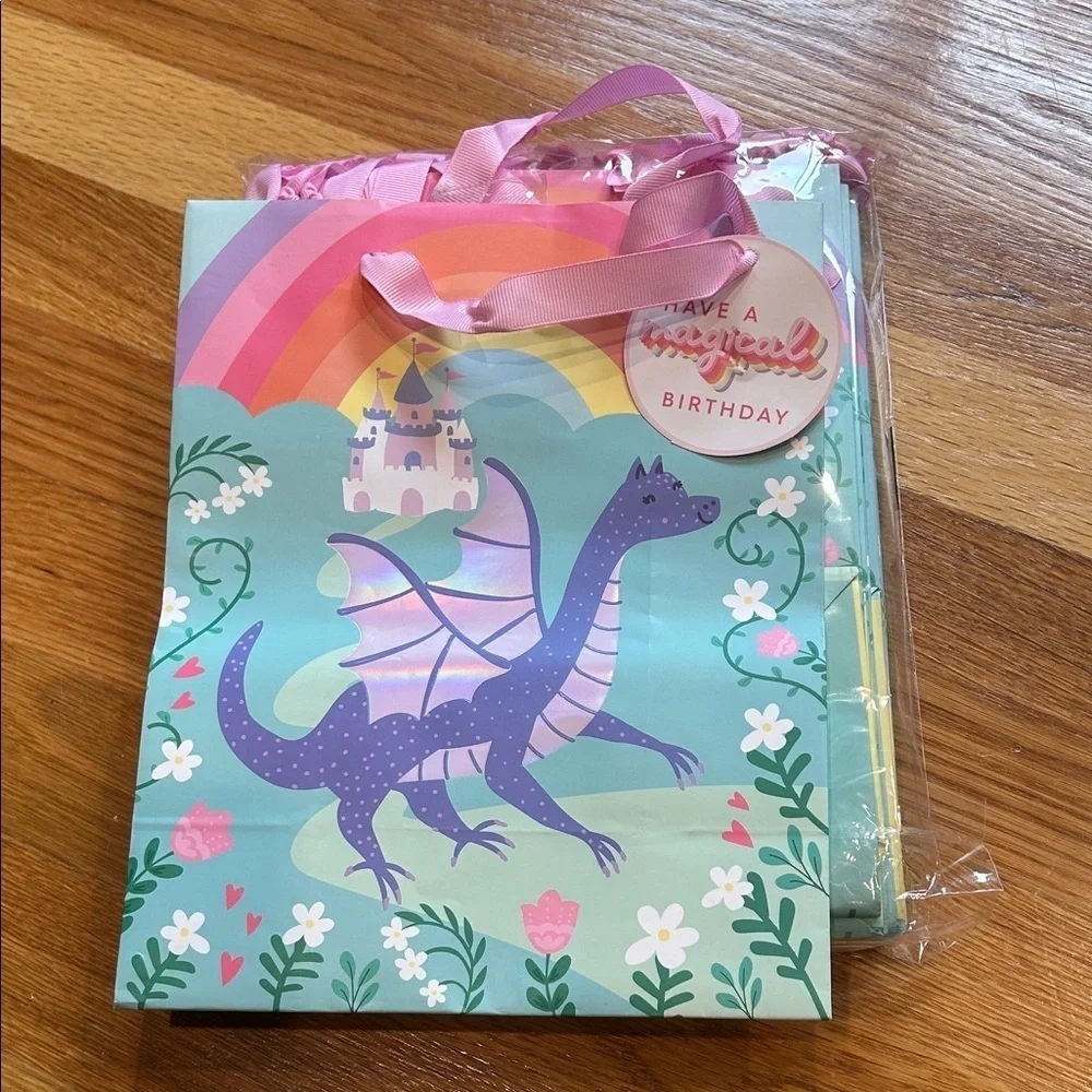 12 pk Colorful Magical Dragon Birthday gift Bags with Pink ribbon Handles new